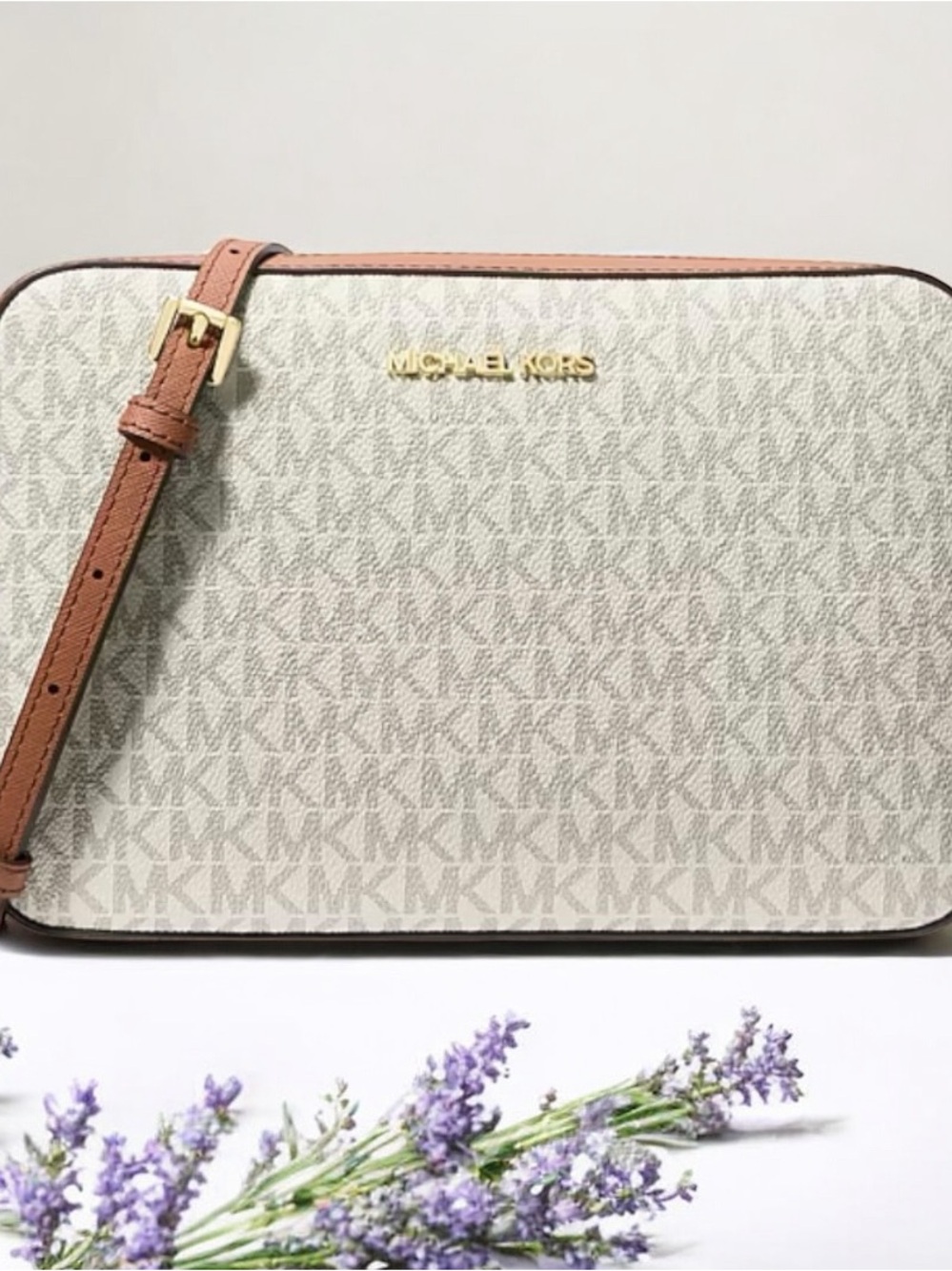 Michael Kors Vanilla Logo Crossbody Bag with Brown Strap and gold tone hardware
